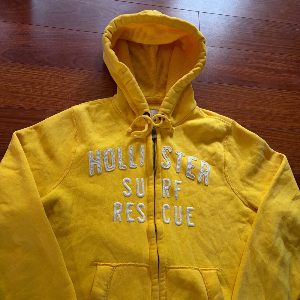 Vintage Y2K Hollister Surf Rescue Full Zip Hoodie Yellow Embroidered Spellout XL